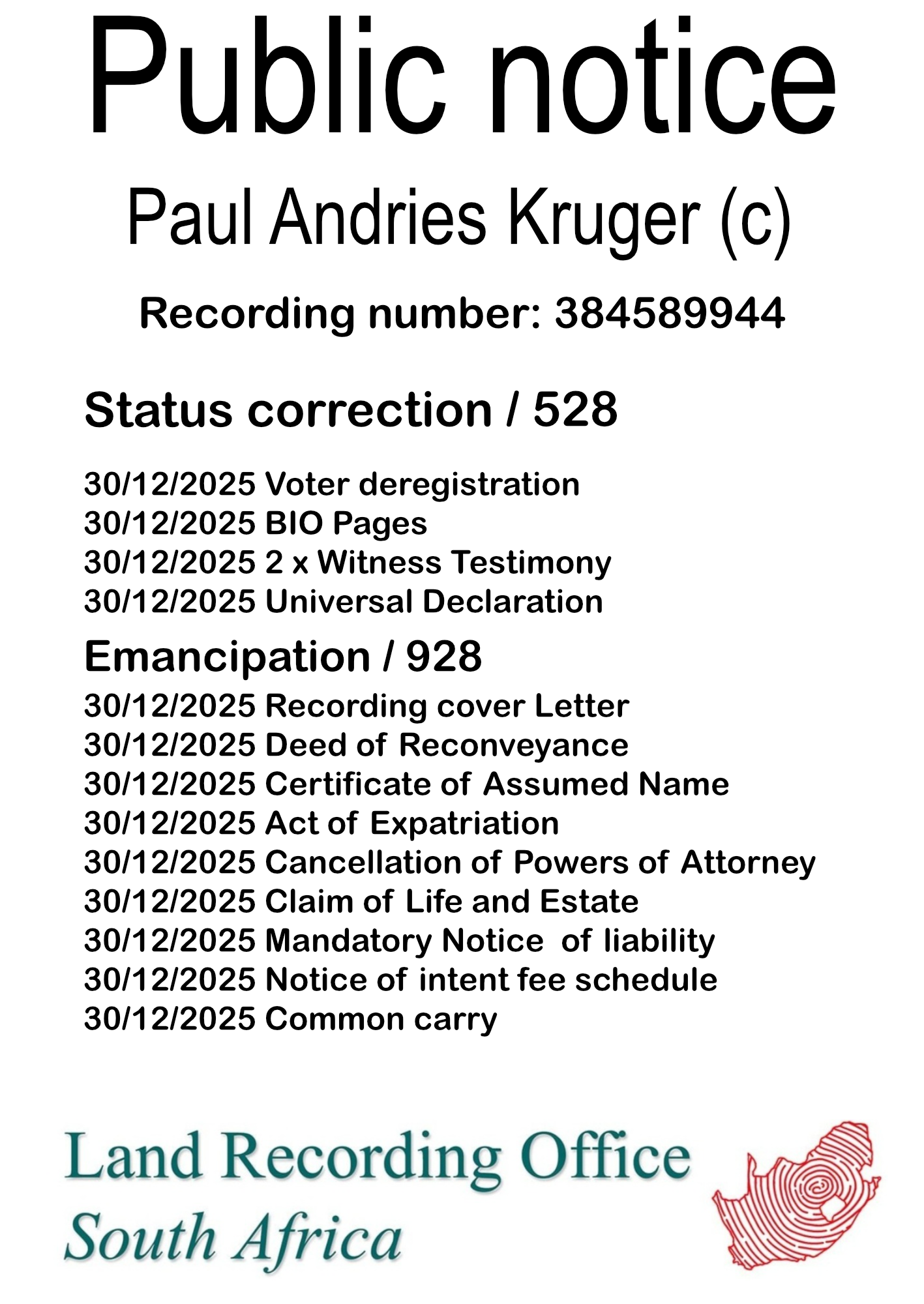 Public notice Paul Andries Kruger Recording number 384589944